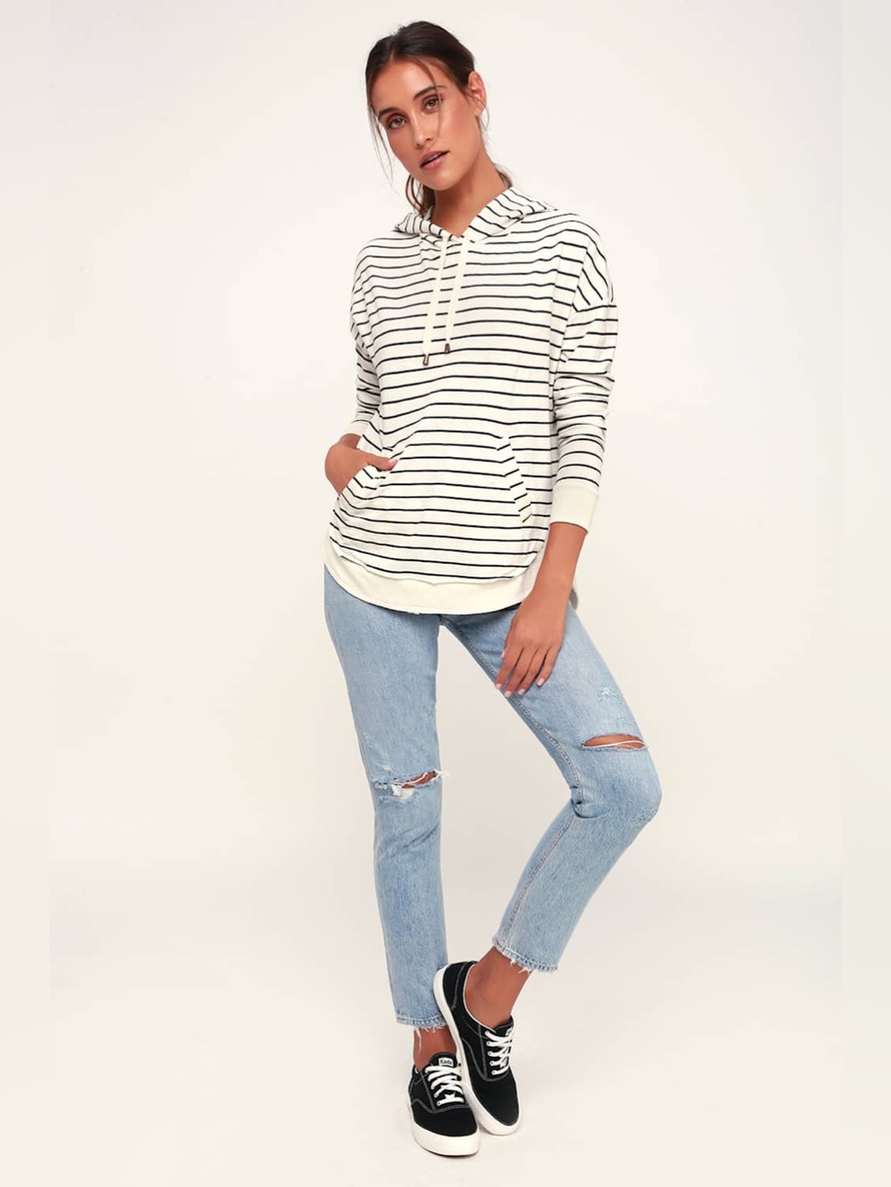 Z Supply Dakota Ivory Striped Pull-Over Hoodie Cozy Hooded Sweater Top - Medium - Picture 3 of 11